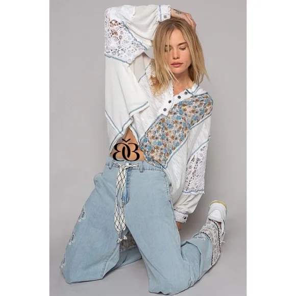 POL Ivory & Blue Floral Panel Lace Detail Half Button Hoodie Oversized - Picture 2 of 9